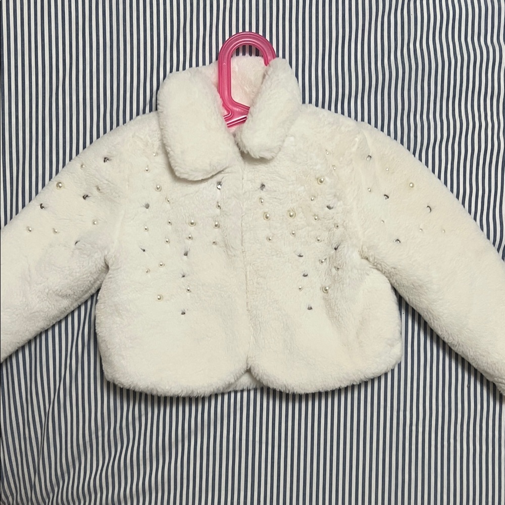 Disney Princess White Faux Fur Kids Jacket with Pearl and rhinestone Accents
